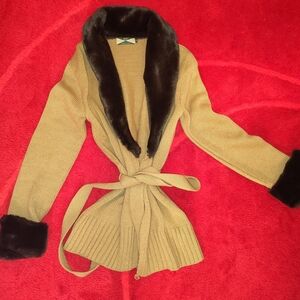 525 America Belted Cardigan Jacket with Faux Fur Trim Sz M